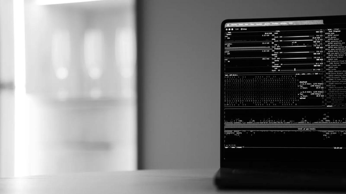 A laptop on a desk showing a black-and-white terminal resource monitor with CPU, memory and network graphs