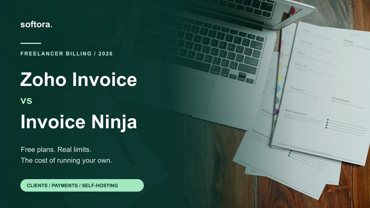 Zoho Invoice versus Invoice Ninja editorial cover over a real laptop and business-planning paperwork