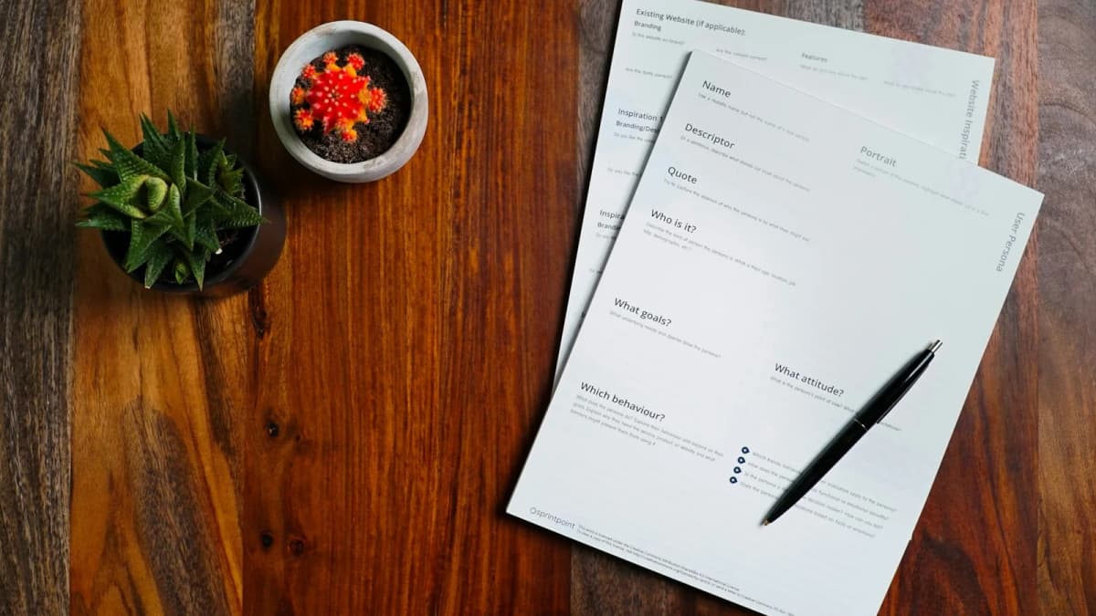 Business-planning worksheets and a black pen beside two small potted cacti on a wooden table