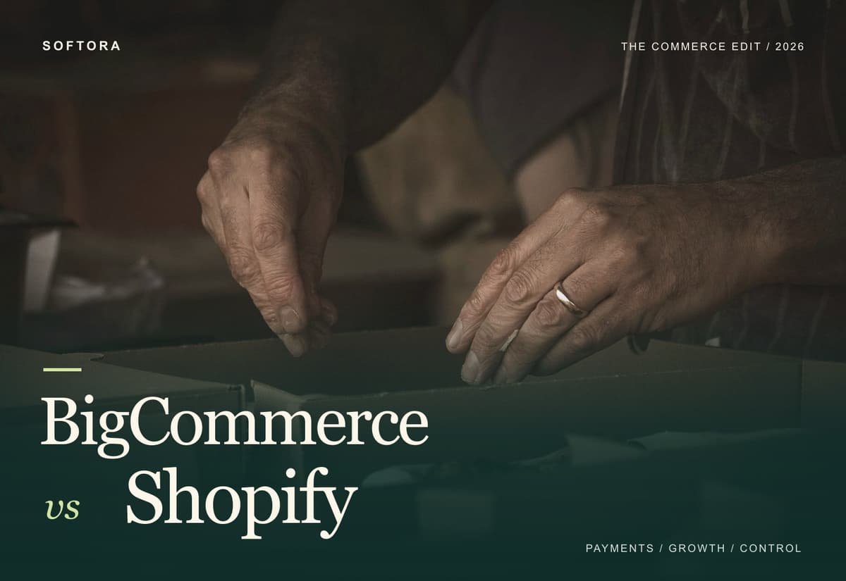 BigCommerce versus Shopify editorial cover over a real photograph of hands packing a cardboard order box