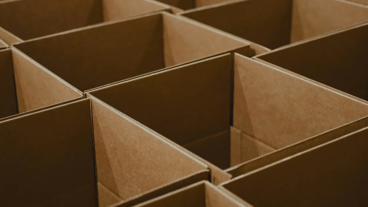 Rows of open cardboard cartons prepared for packing
