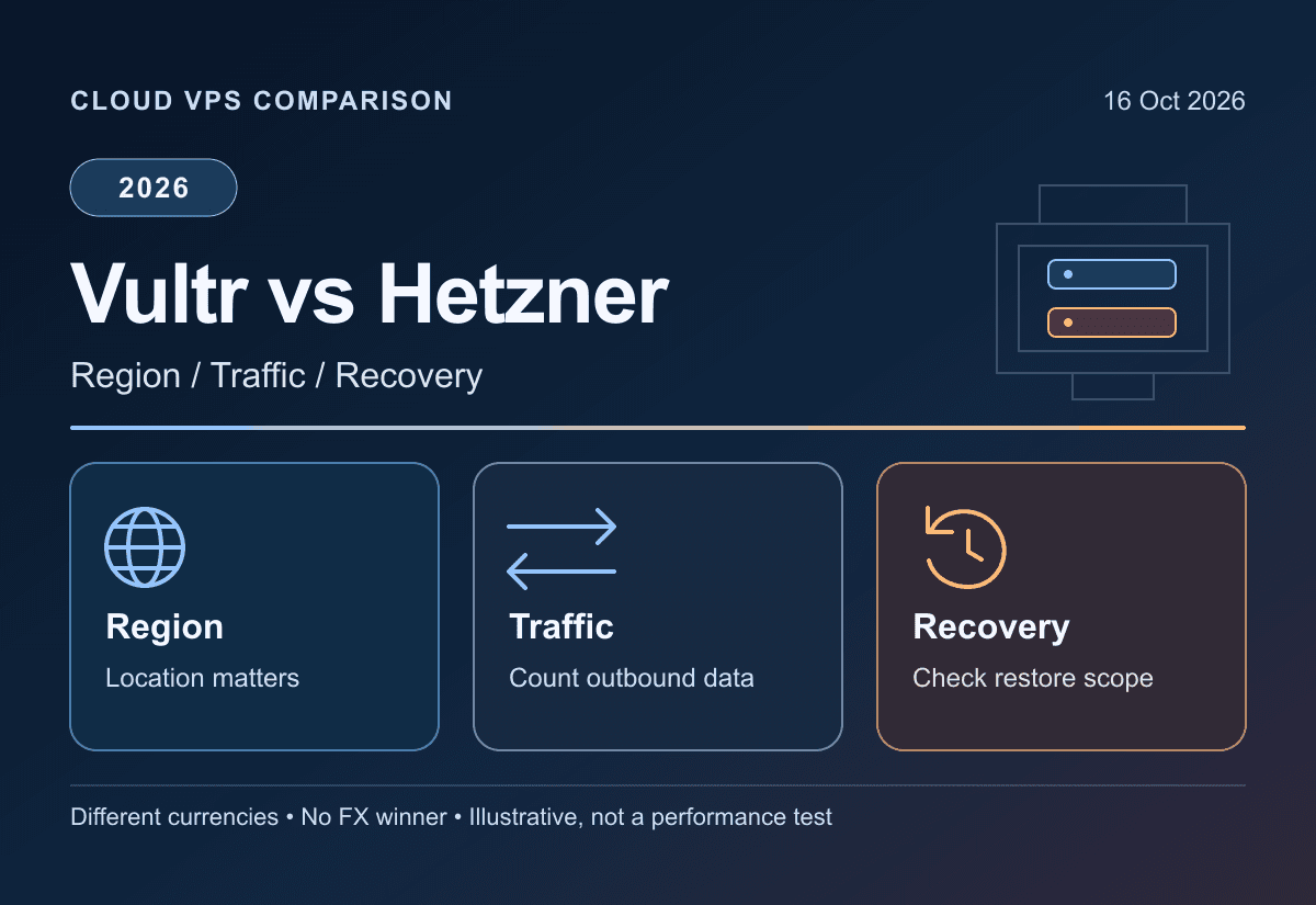 Original Vultr versus Hetzner Cloud illustration showing regional compute, outbound traffic and recovery responsibilities