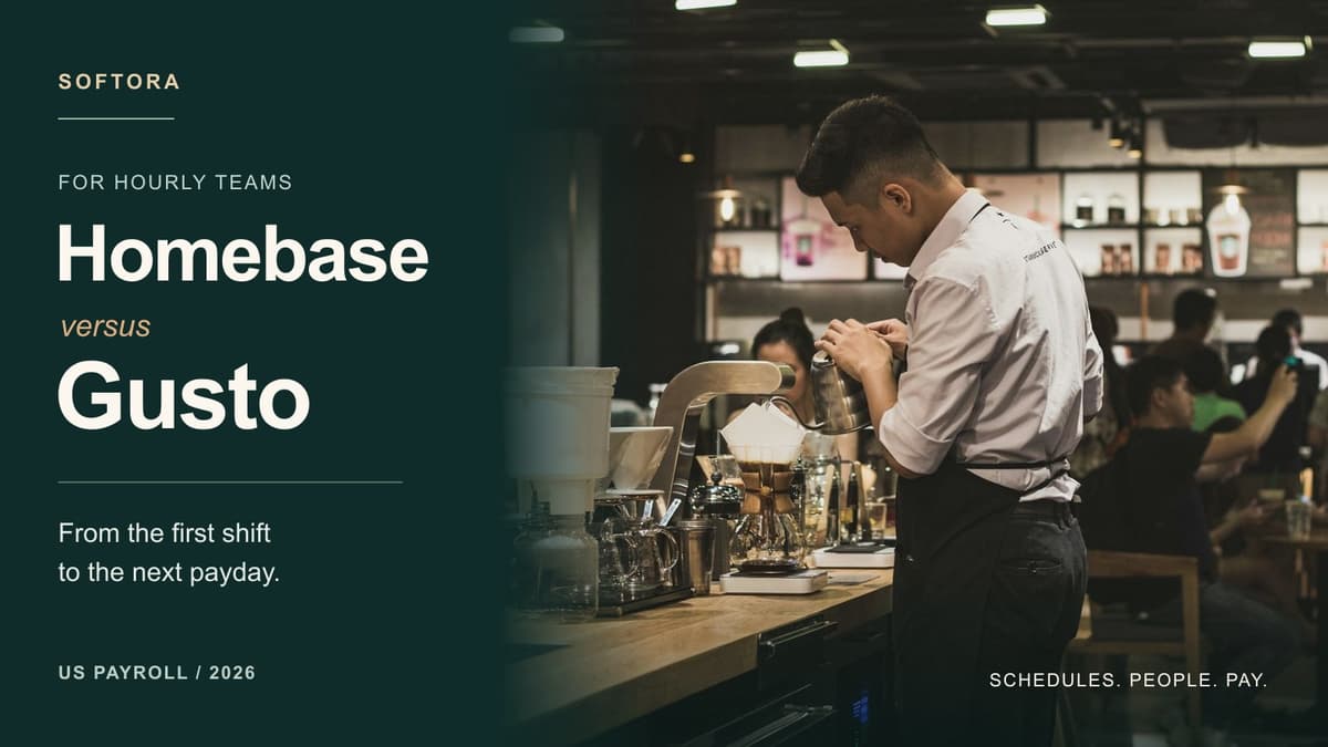 Homebase versus Gusto editorial cover featuring a real cafe worker behind a coffee counter