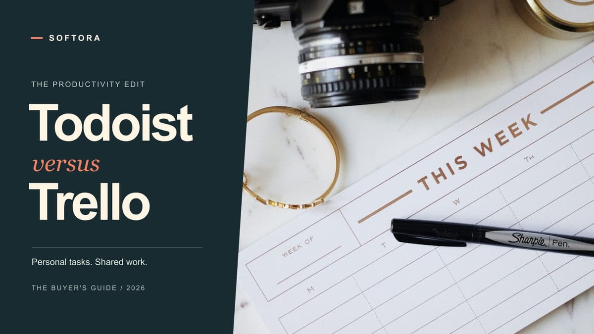 Todoist versus Trello editorial cover featuring a real weekly planner, pen and camera on a desk