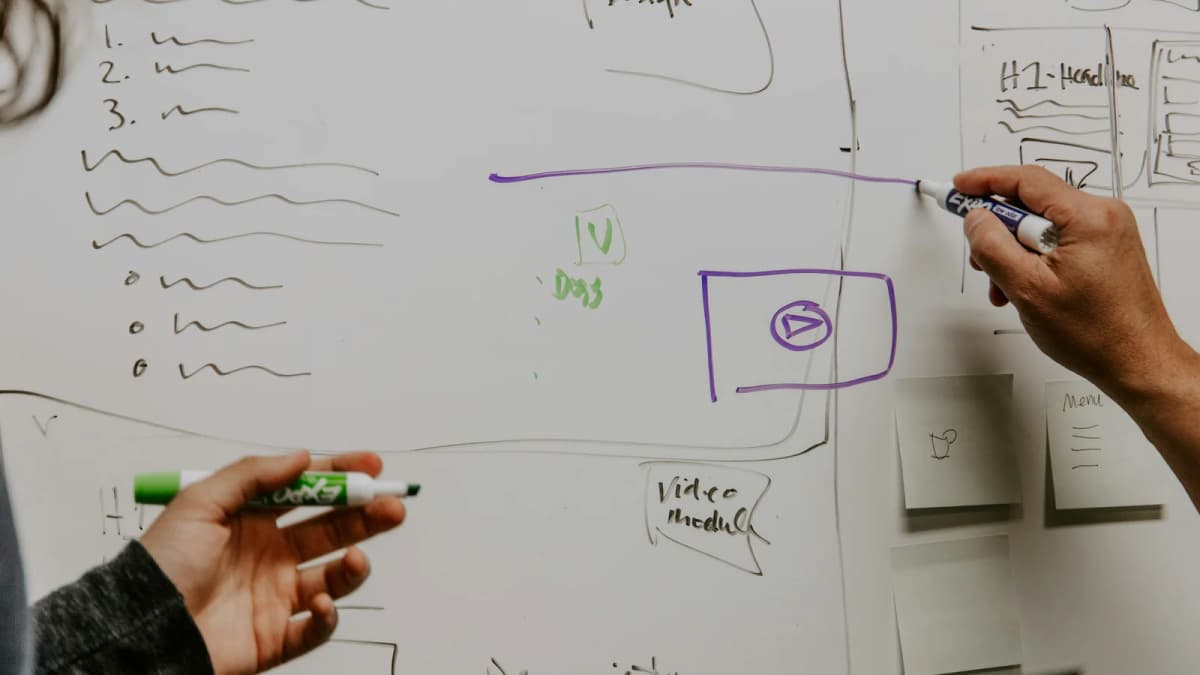 Two colleagues draw and discuss a project plan on a whiteboard